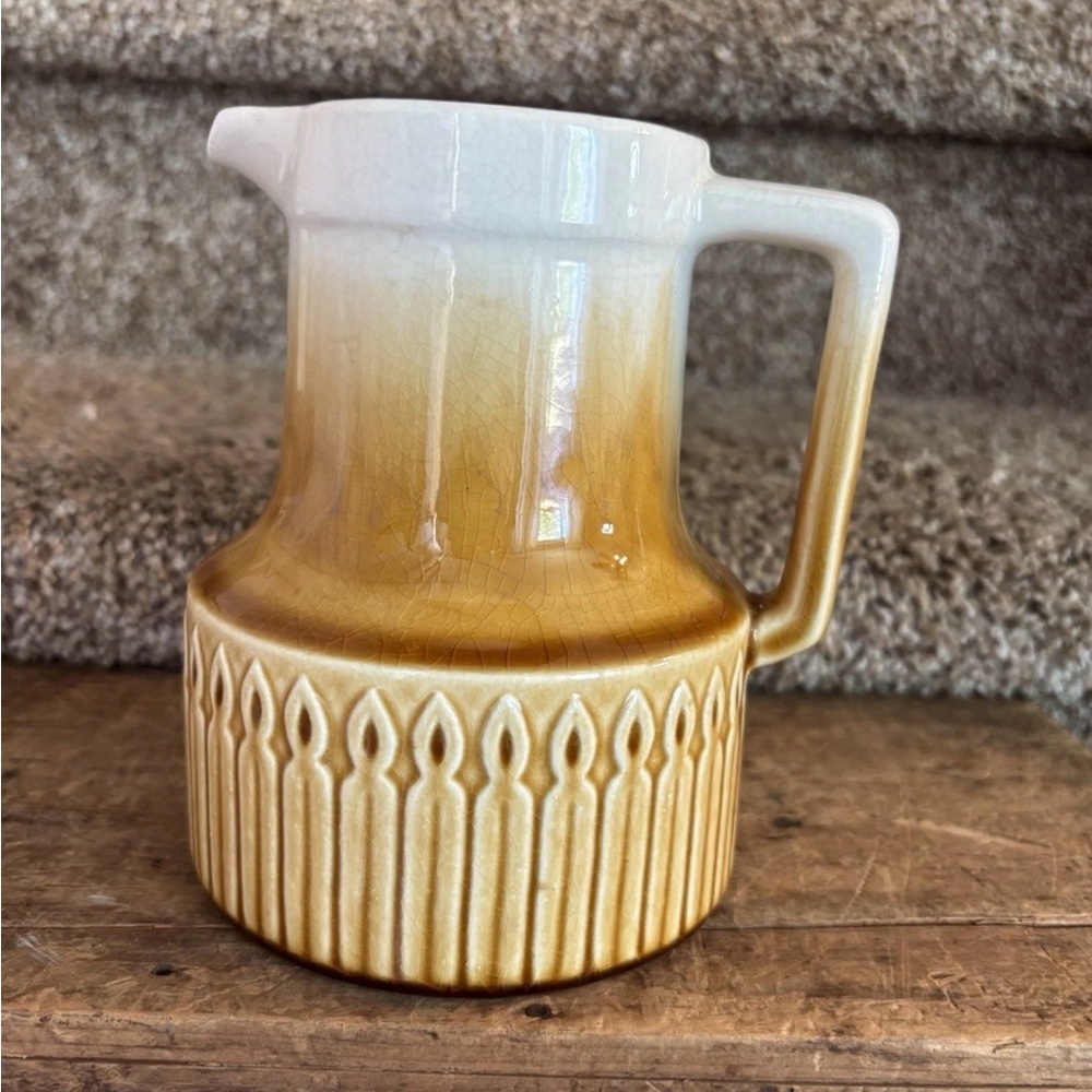Vintage Ceramic Pitcher in White and Honey Brown